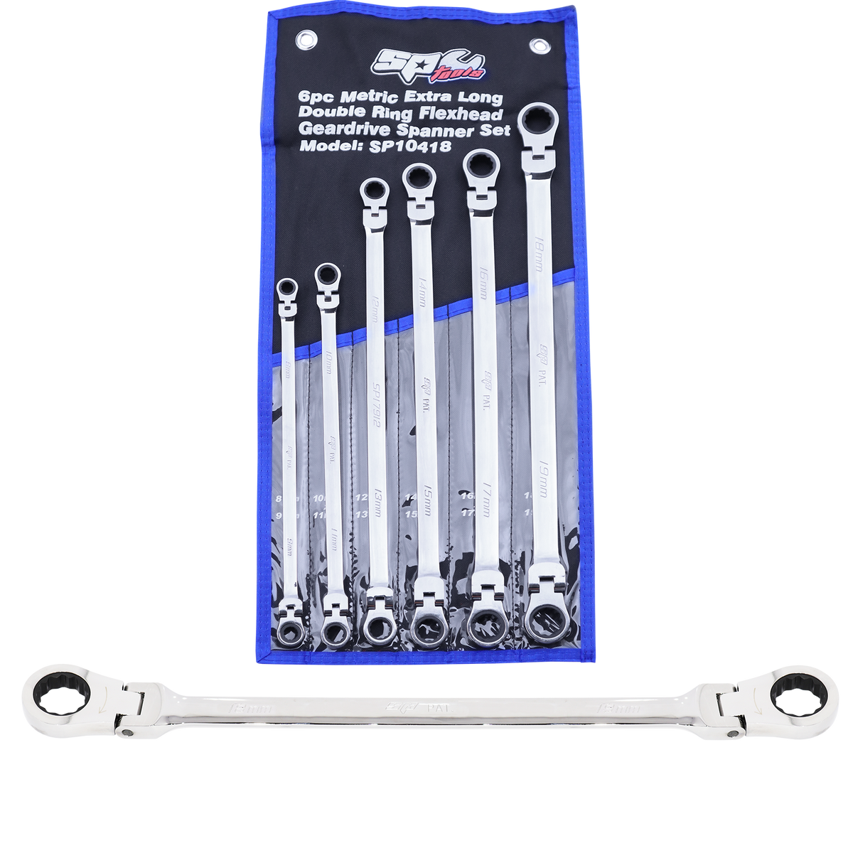 Spanner Set - Ex Long Flex Double Ring 72T Geardrive 6Pc Metric