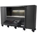 Toolkit 1017Pc Metric/Sae - Usa Sumo Series 128" Roller Cabinet With Power Top Hutch And Side Cabinets 18 Drawer Matte Black