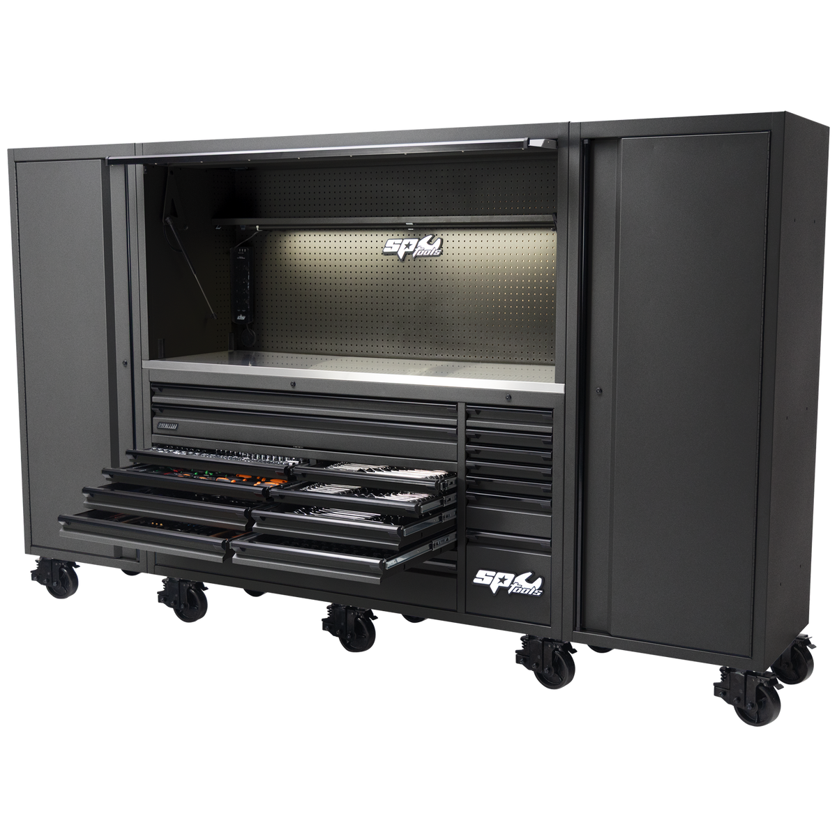 Toolkit 1017Pc Metric/Sae - Usa Sumo Series 128" Roller Cabinet With Power Top Hutch And Side Cabinets 18 Drawer Matte Black