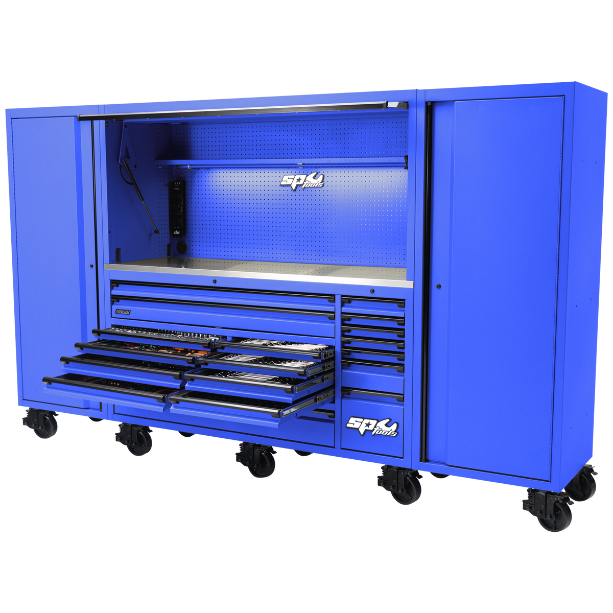 Toolkit 1017Pc Metric/Sae - Usa Sumo Series 128" Roller Cabinet With Power Top Hutch And Side Cabinets 18 Drawer - Blue