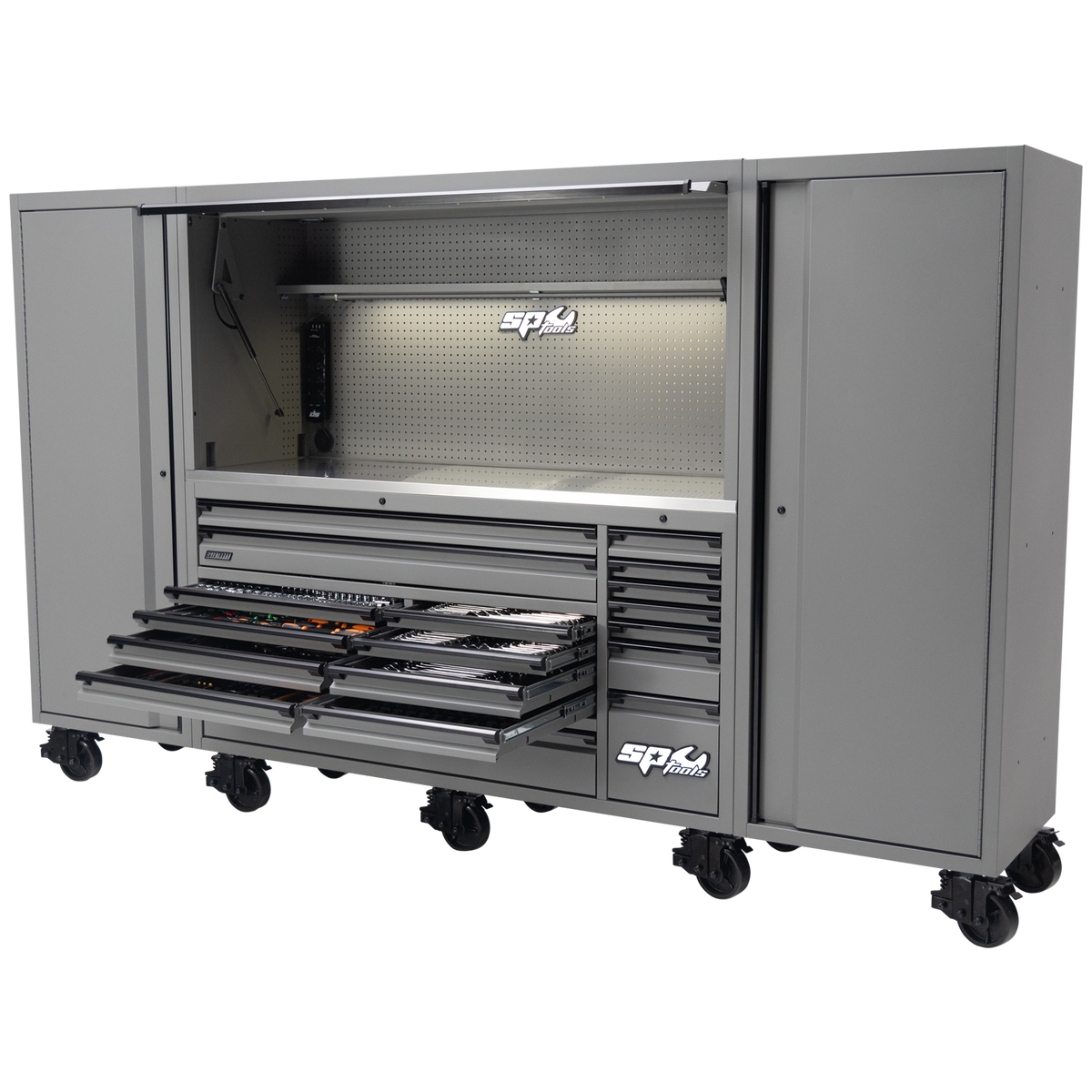 Toolkit 1017Pc Metric/Sae - Usa Sumo Series 128" Roller Cabinet With Power Top Hutch And Side Cabinets 18 Drawer - Matte Grey