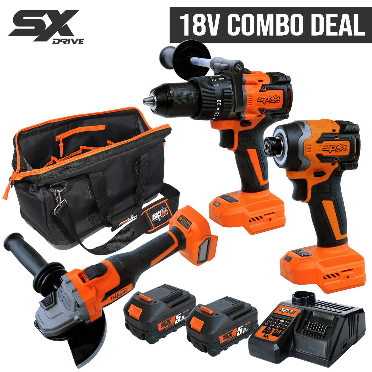 Cordless - 18V Drill/Driver/Grinder 3Pc Combo Kit + Toolbag